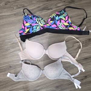PINK Victoria's Secret Leaf Print and Neutral Bra Trio - 34DD